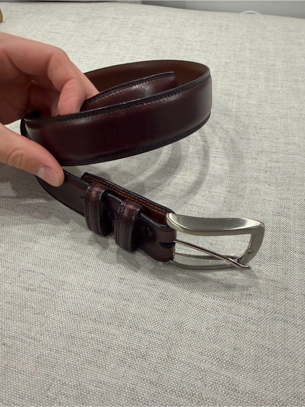 Men's Classic Dark Brown Leather Belt with Silver Buckle (Size 34)